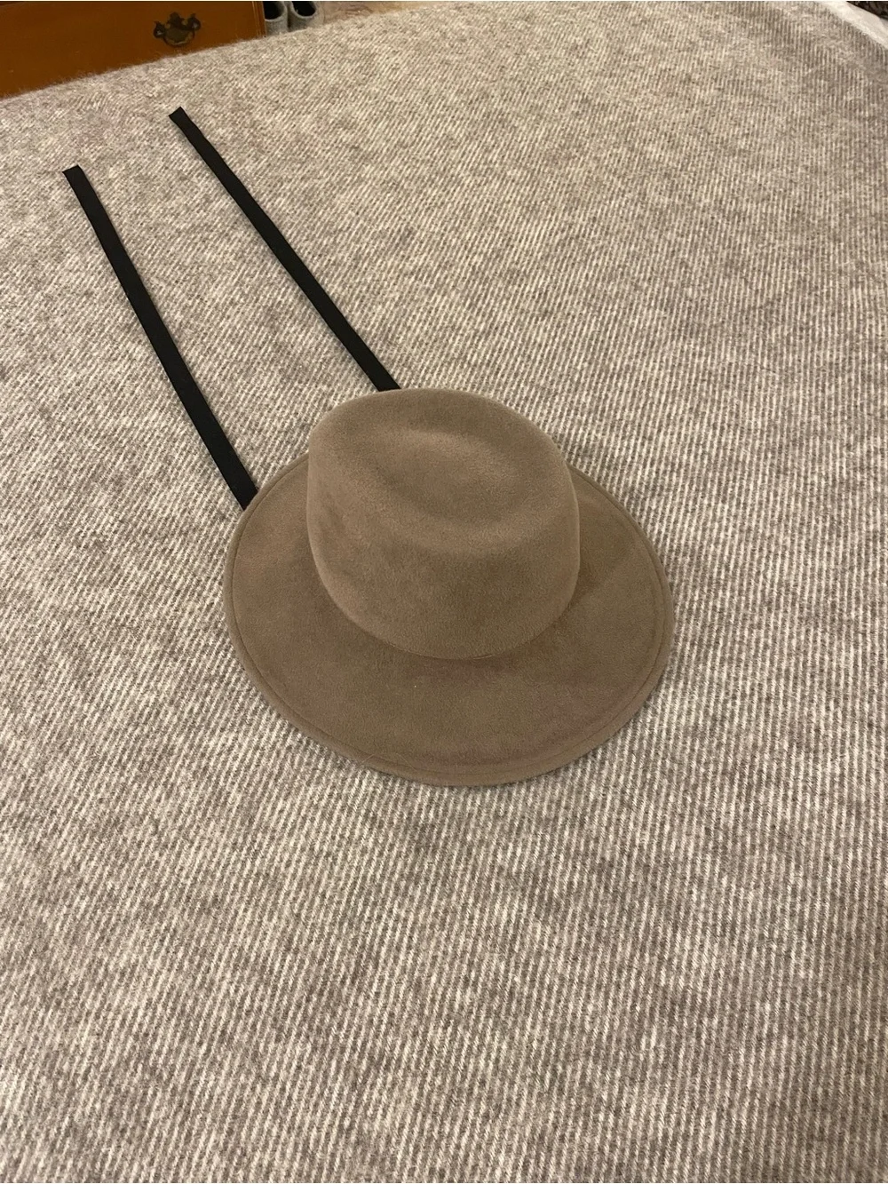 Behida Dolic Millinery Wide Brim Felt Hat in Taupe with Black Chin Strap